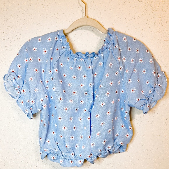 Zara Summer Linen Blend Blue Floral Cropped Blouse - Picture 7 of 9